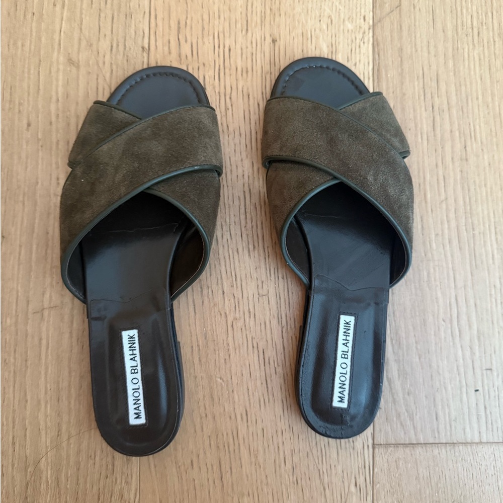 Manolo Olive Green Suede Sandals